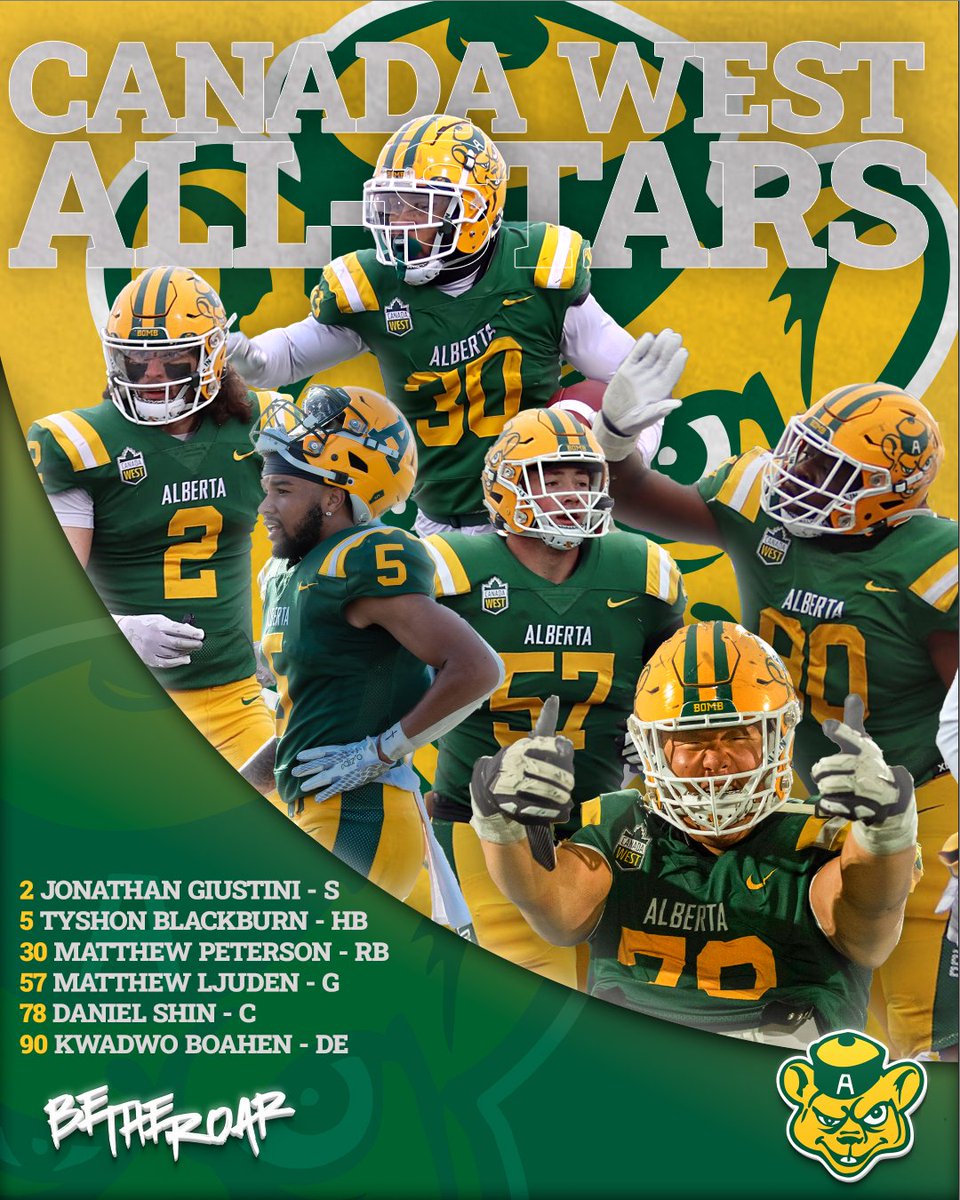 𝐂𝐀𝐍𝐀𝐃𝐀 𝐖𝐄𝐒𝐓 𝐀𝐋𝐋-𝐒𝐓𝐀𝐑𝐒 🐻🏈 Leading them to a 6-2 record and a spot in the 86th Hardy Cup, six @UABearsFootball have been named CW All-Stars! C - Daniel Shin G - Matthew Ljuden RB - Matthew Peterson HB - Tyshon Blackburn S - Jonathan Giustini DE - Kwadwo Boahen