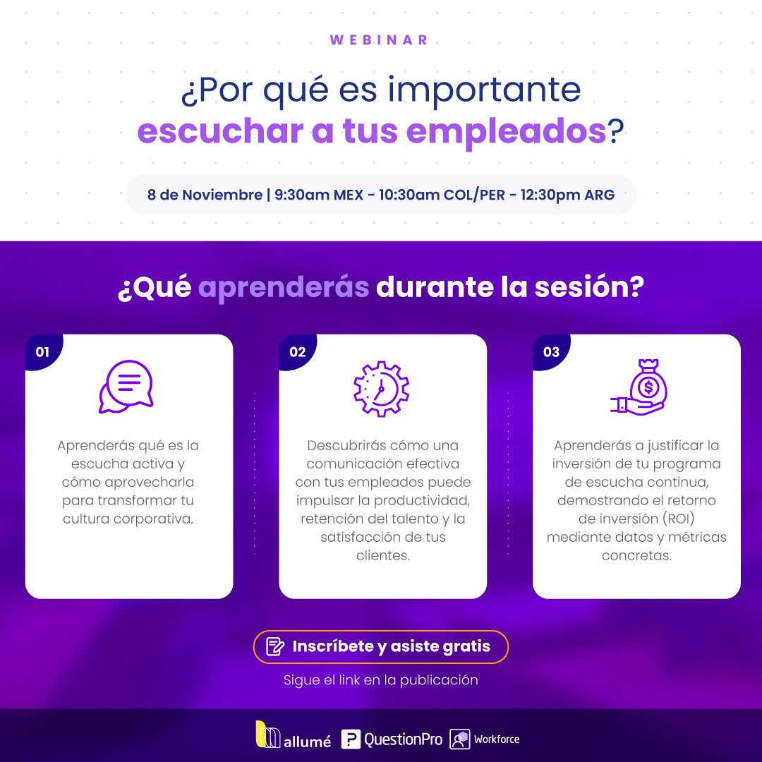 ¿Qué aprenderás en nuestro nuevo #webinar? Descubre cómo aprovechar la escucha activa para fortalecer tu relación con tus empleados, transformar tu empresa y usar datos para demostrar el ROI de tu inversión.

La cita es este Miércoles. Regístrate ahora! 👉 info.questionpro.com/es/voz-del-emp…