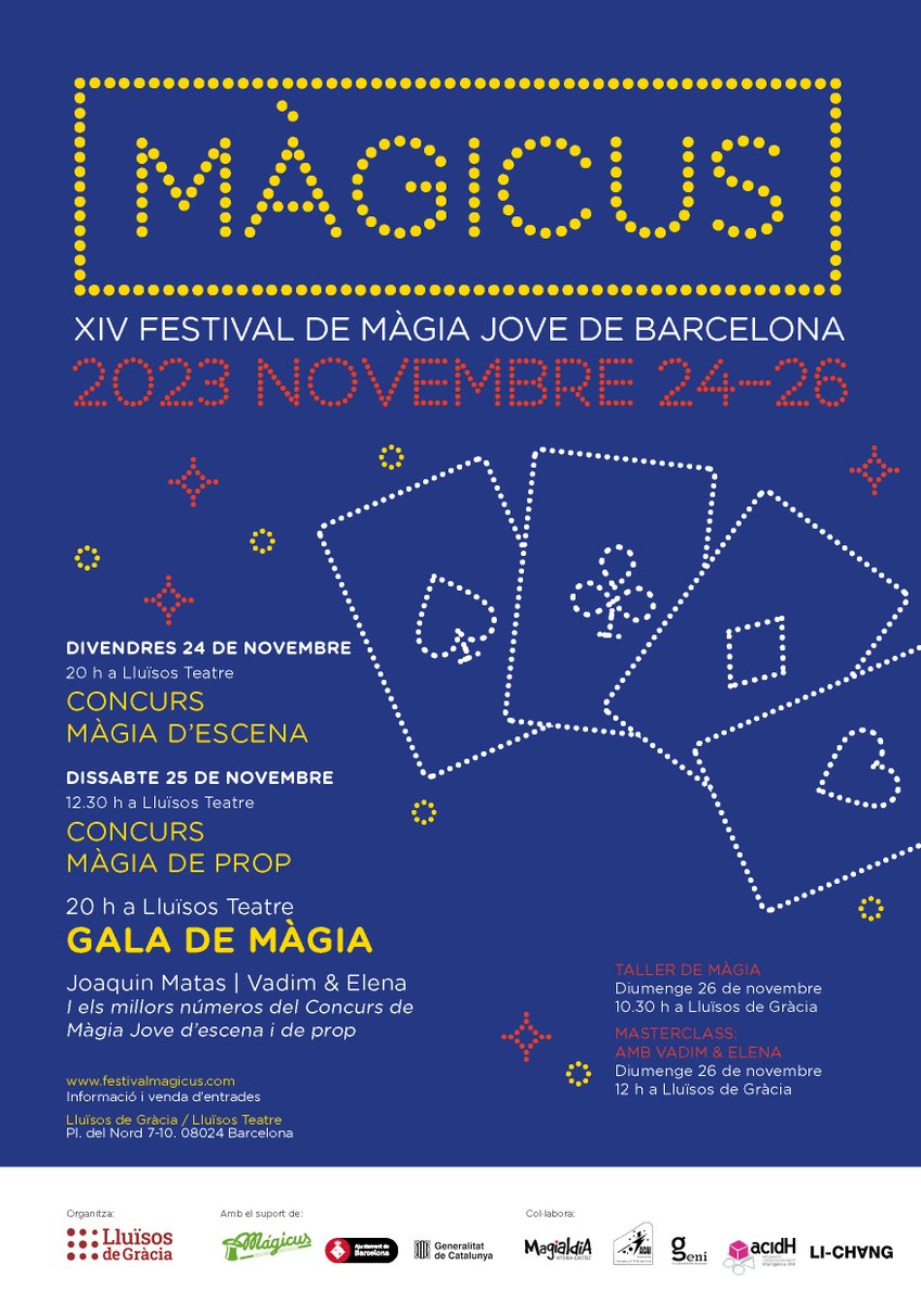 🪄 Ja tenim preparat el nou cartell del #Màgicus2023!

Del 24 al 26 de novembre, la millor màgia jove internacional  a Lluïsos de Gràcia!

🎩Amb Joaquin Matas, Vadim&amp;Elena i els mags i magues més prometedors.

👉Tota la programació i entrades a:
festivalmagicus.com