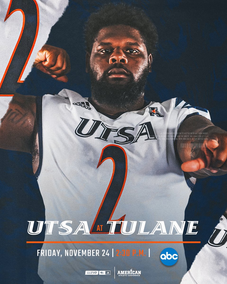 UTSAFTBL's tweet photo. 🚨𝐒𝐂𝐇𝐄𝐃𝐔𝐋𝐄 𝐔𝐏𝐃𝐀𝐓𝐄🚨

UTSA's regular season finale at Tulane has been selected for a national broadcast on ABC with a 2:30 p.m. kickoff on Friday, Nov. 24 in New Orleans.

🔗 https://t.co/KVyv1eVkCh

#210TriangleOfToughness 
#LetsGo210 | #BirdsUp 🤙 https://t.co/cxLFDLKcRp