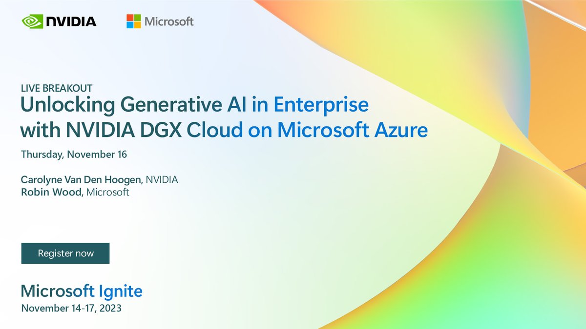 Learn how to harness the #generativeAI capabilities of #NVIDIADGX Cloud on Microsoft @Azure at @MS_Ignite. Join @nvidia and @Microsoft to gain insights into real-world use cases, success stories, and more. #MSIgnite #NVIDIAonAzure Register now: nvda.ws/3slksCM