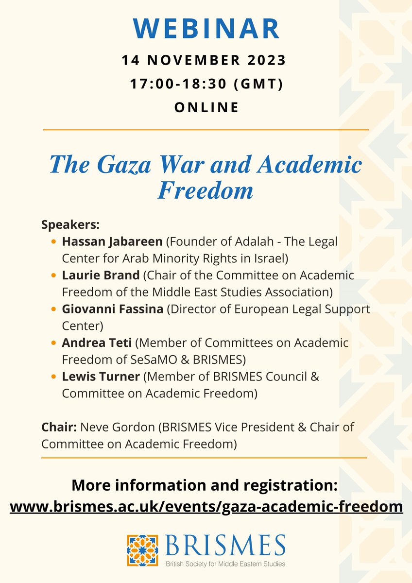 #OnlineEvent | 'The Gaza War and Academic Freedom' Join us next week for this webinar with Hassan Jabareen, Laurie Brand, Giovanni Fassina, Andrea Teti, Lewis Turner and Neve Gordon.
🗓️14 November, 17:00-18:30 (UK time)
More info and registration: brismes.ac.uk/events/gaza-ac…