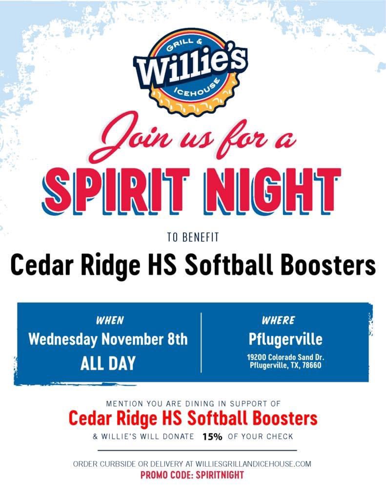 CEDAR RIDGE RAIDER SOFTBALL (@crhssbbooster) on Twitter photo Spirit DAY this Wednesday! Head on over to Willie's Ice House for lunch or dinner or BOTH!! 15% of sales will help support your Lady Raider Softball team. Please be sure you mention you are there supporting us!!🍔 <a href="/CedarRidgeHigh/">CRHS</a> <a href="/SupportRaiders/">Raiders Supporting Raiders</a> <a href="/LadyRaiderAth/">Lady Raider Athletics</a> Spirit DAY this Wednesday! Head on over to Willie's Ice House for lunch or dinner or BOTH!! 15% of sales will help support your Lady Raider Softball team. Please be sure you mention you are there supporting us!!🍔 <a href="/CedarRidgeHigh/">CRHS</a> <a href="/SupportRaiders/">Raiders Supporting Raiders</a> <a href="/LadyRaiderAth/">Lady Raider Athletics</a>