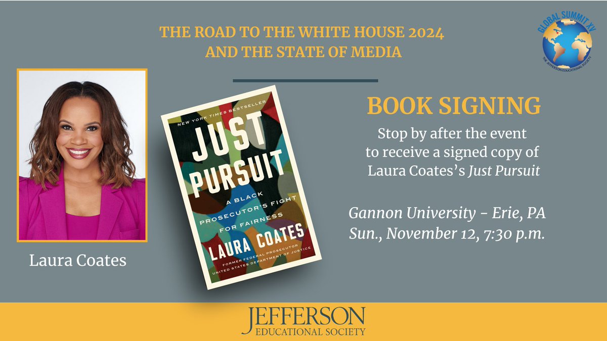 BOOK SALE: Laura Coates will be signing copies of her book 'Just Pursuit' after the event this week on Sunday, November 12th at 7:30pm. Click the link below for more information and tickets! jeserie.org/global-summit-…