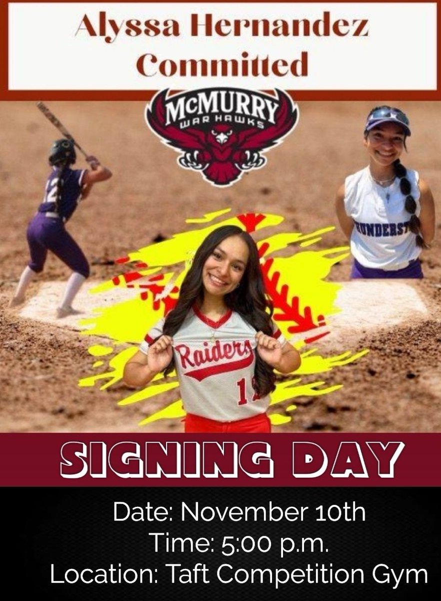 TaftRaiderSB's tweet photo. Join us this FRIDAY November 10th at 5pm in the Competition Gym as Alyssa Hernandez will be signing to @mcmsports  Softball! https://t.co/Er5yWCQFpI
