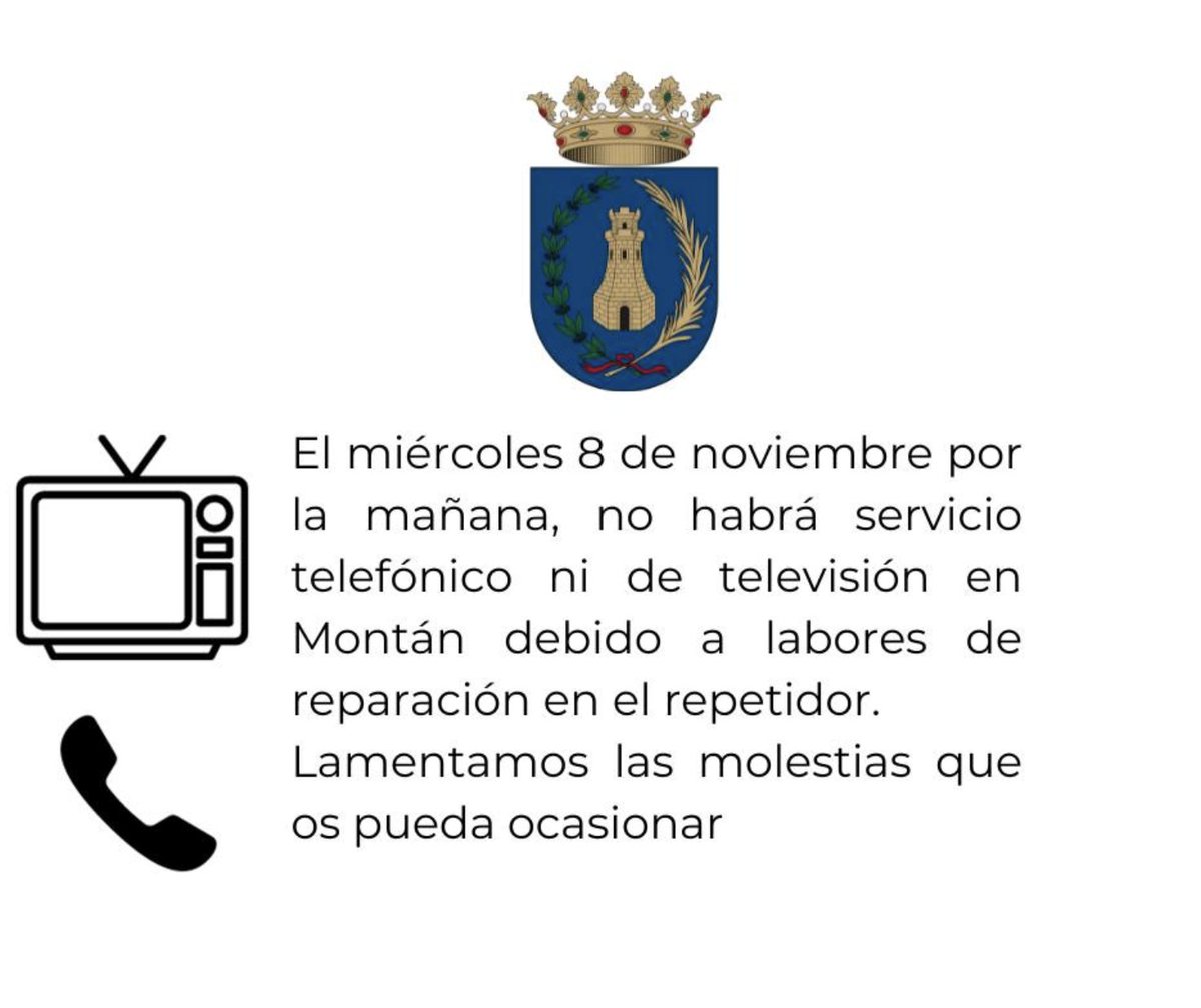 El miércoles 8 de noviembre por la mañana no habrá servicio telefónico ni de televisión debido a labores de reparación en el repetidor. Disculpen las molestias.