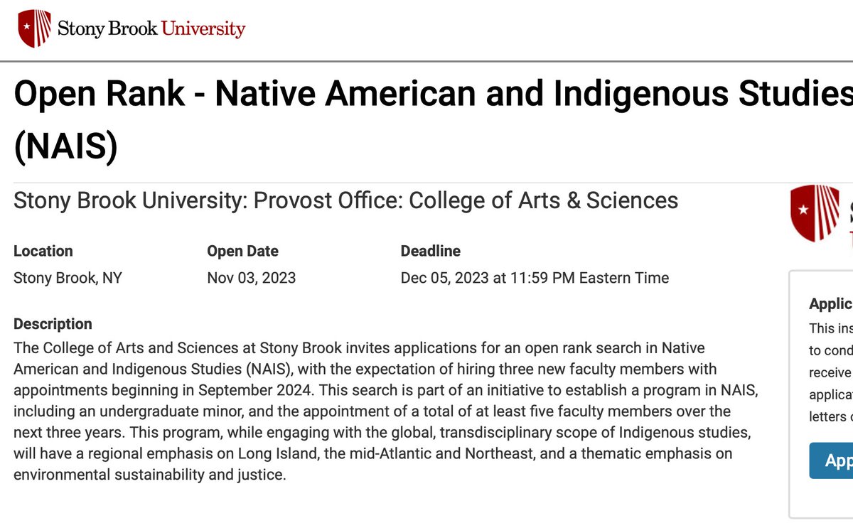 Very excited to share the job ad for THREE positions (open rank) in Native American and Indigenous Studies at Stony Brook University. The departments listed are WGSS, English, and Anthropology. Please share widely (and apply, kin!). apply.interfolio.com/135452