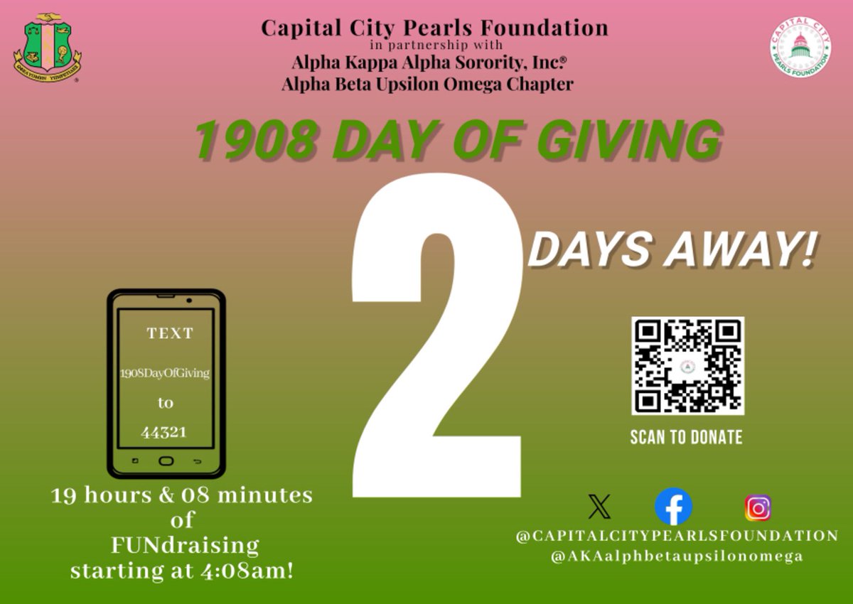 CapCityPearls's tweet photo. Countdown mode: ON 
2 DAYS AWAY from the 1908 Day of Giving virtual fundraiser in partnership with @AKAABYO on 11/8/23. STREAMING LIVE in efforts to reach $19,080 goal. 
To donate click link in bio or text the word “1908DayOfGiving” to 44321. 
#CCPF  #CCPFGivesBack
#AKAABYO https://t.co/jUbU7Xeu9d