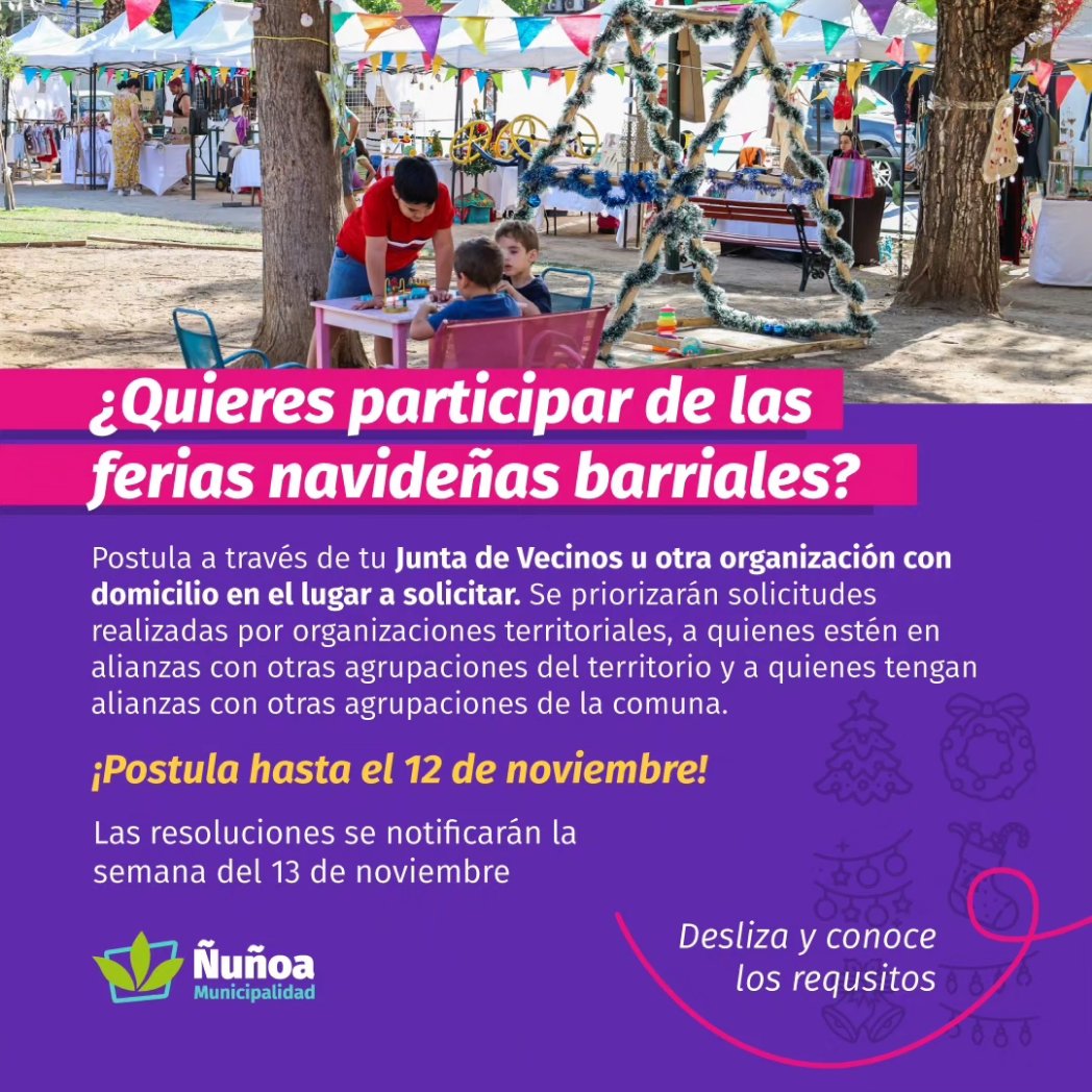 MuniNunoa's tweet photo. 🎄 ¿Tienes un emprendimiento? ¡Navidad en tu Barrio te está esperando!

💪Se encuentran abiertas las postulaciones para “Navidad en tu Barrio”, una serie de Ferias Navideñas Barriales encabezadas por las Juntas de Vecinos y agrupaciones de emprendedores. 

🖥️ Revisa toda la información en https://t.co/TjShbZYIOr o en el enlace en nuestras historias de Instagram.