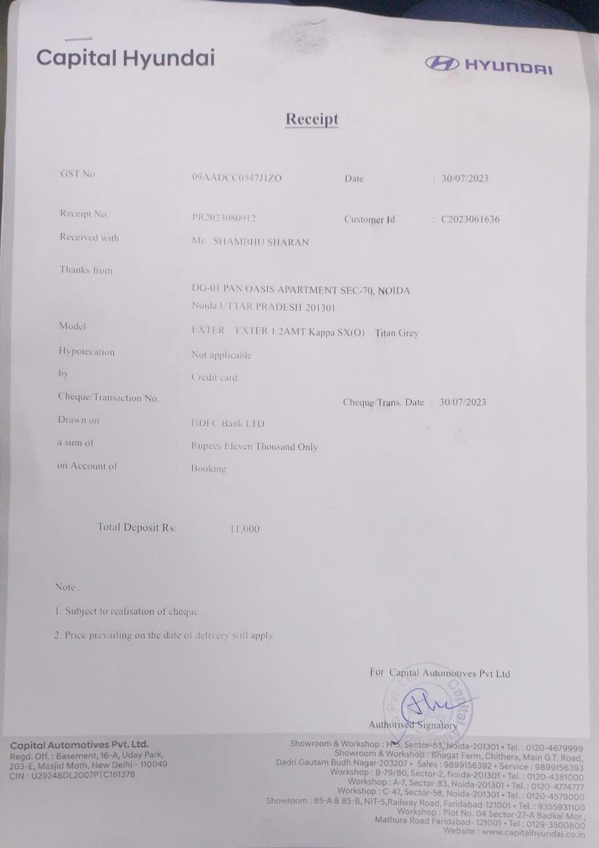 Sharanlaw1's tweet photo. @HyundaiIndia @capitalhyundai @Hyundai_Global its quite shocking!! booking of Hyundai Exter was made on 30 July with assurance of delivery within 1 month!! No response till date from capital Hyundai, Gautam Budha Nagar, UP, India  !! Help!! https://t.co/mHmacgvnm1