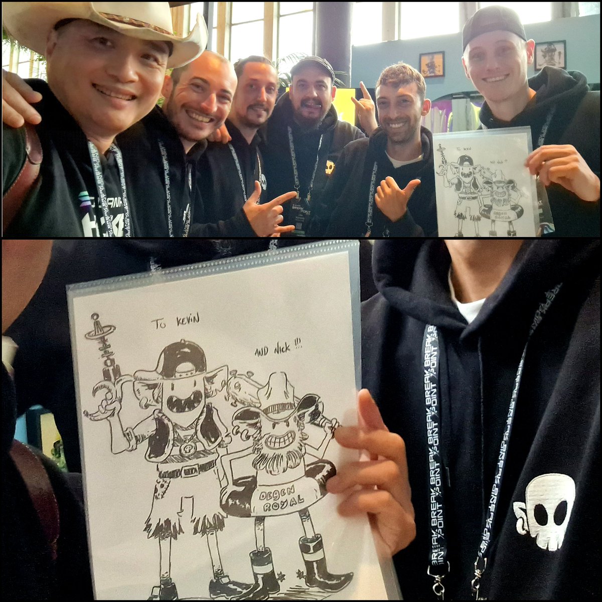 Thank you <a href="/BullyzCrew/">Bullyz Crew 🏴‍☠️</a> team for the super cool Kevin &amp; Nick custom, awesome w my 🤠 cowboy hat &amp; the <a href="/Degen_Royale/">Degen Royale 💥🔫</a> Banana Blaster! 💥 🔫 🍌

Hand drawn live at <a href="/SolanaConf/">Solana Breakpoint 🇦🇪 Abu Dhabi Dec 11-13</a> #Breakpoint2023 by <a href="/Leo_Karsenty/">Leo</a> 🫡🏴‍☠️

@Mr_Orangez <a href="/Romehua/">Rome</a> <a href="/rafa_kala/">rAfA</a> <a href="/meta_lliam/">ExpertIndex.sol</a>