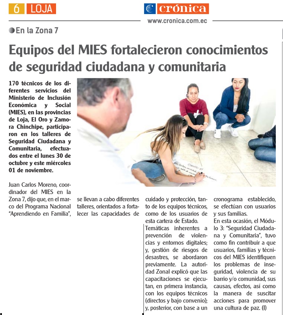 Zona7mtdh's tweet photo. #MIESEnMedios 🗞️ | "Equipos del #MIES fortalecieron conocimientos de seguridad ciudadana y comunitaria", titulan las noticias publicadas por @CronicaLoja y @cadenaecotel y que hacen referencia a la capacitación a la que asistieron técnicos de esta cartera de Estado en la Zona 7. https://t.co/W04JcZCqxp