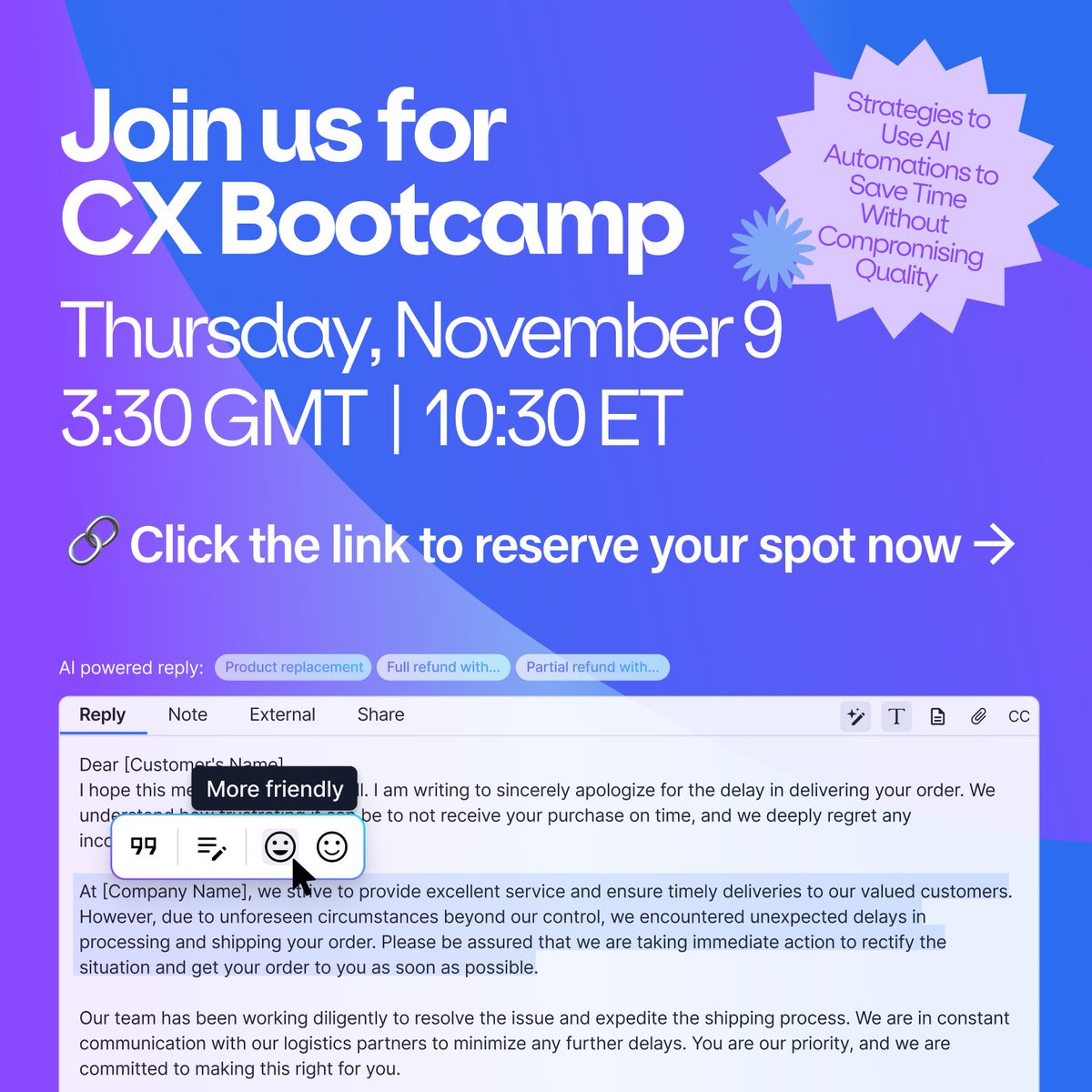 🚀 Join our CX Bootcamp on Thurs, Nov 9, 3.30PM GMT/ 10.30AM ET to learn how AI can supercharge your #customersupport team this holiday season and beyond? 🚀 Secure your spot today and get ready to transform your support game! app.livestorm.co/edesk-repricer… #AIAutomation #eCommerce