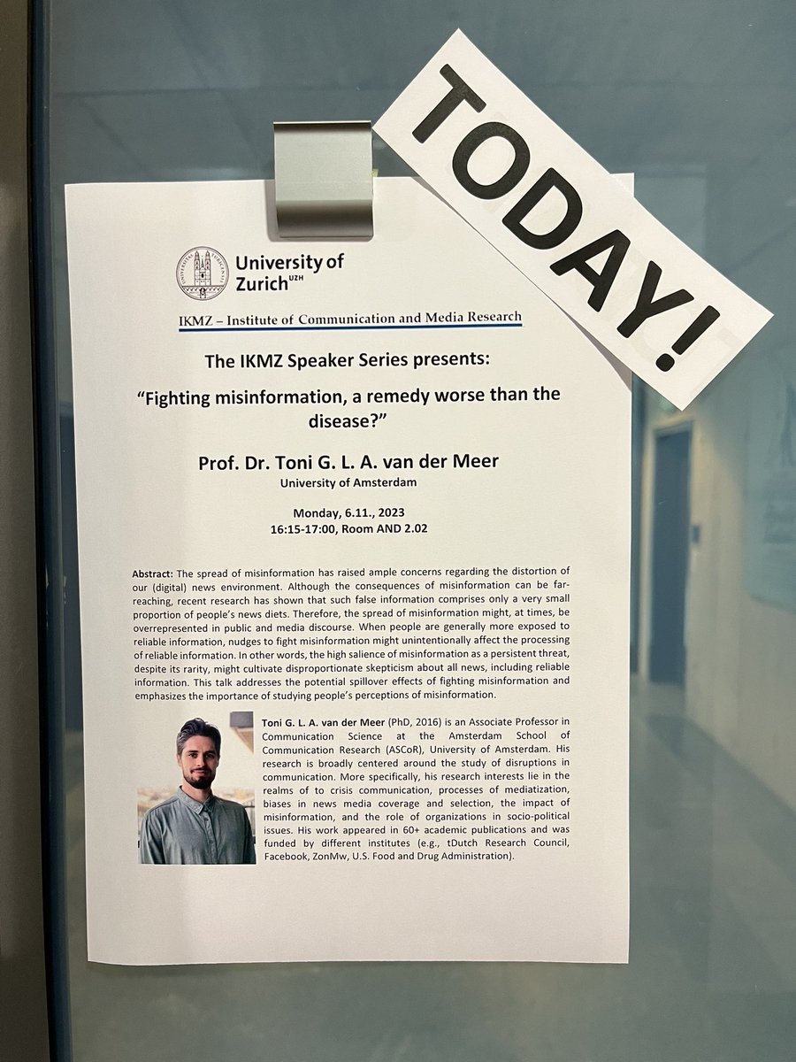 Thank you very much <a href="/TonivdMeer/">Toni van der Meer</a> for you inspiring talk at <a href="/uzh_ikmz/">IKMZ</a> today! It was great to learn more about your research on disinformation and crisis communication.

@MarkosMpadanes thx for the intro