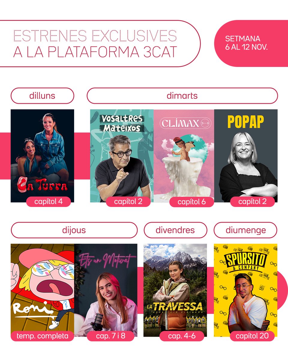 som3cat's tweet photo. Per als que esteu enganxadíssims a #LaTravessa3Cat, o ja teniu ganes de riure amb un nou capítol de #VosaltresMateixos3Cat: aquí teniu les estrenes de la setmana a la plataforma 3Cat

#Som3Cat https://t.co/Olpo23Tw61