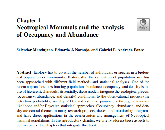 Gatorco_AP's tweet image. Fue toda una experiencia ser editor de un libro, pero al final todo muy gratificante. Chequen todas estas importantes contribuciones de toda latinoamerica en:  #Neotropical Mammals Hierarchical Analysis of #Occupancy and #Abundance
shorturl.at/wzGM2