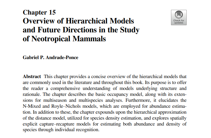 Gatorco_AP's tweet image. Fue toda una experiencia ser editor de un libro, pero al final todo muy gratificante. Chequen todas estas importantes contribuciones de toda latinoamerica en:  #Neotropical Mammals Hierarchical Analysis of #Occupancy and #Abundance
shorturl.at/wzGM2