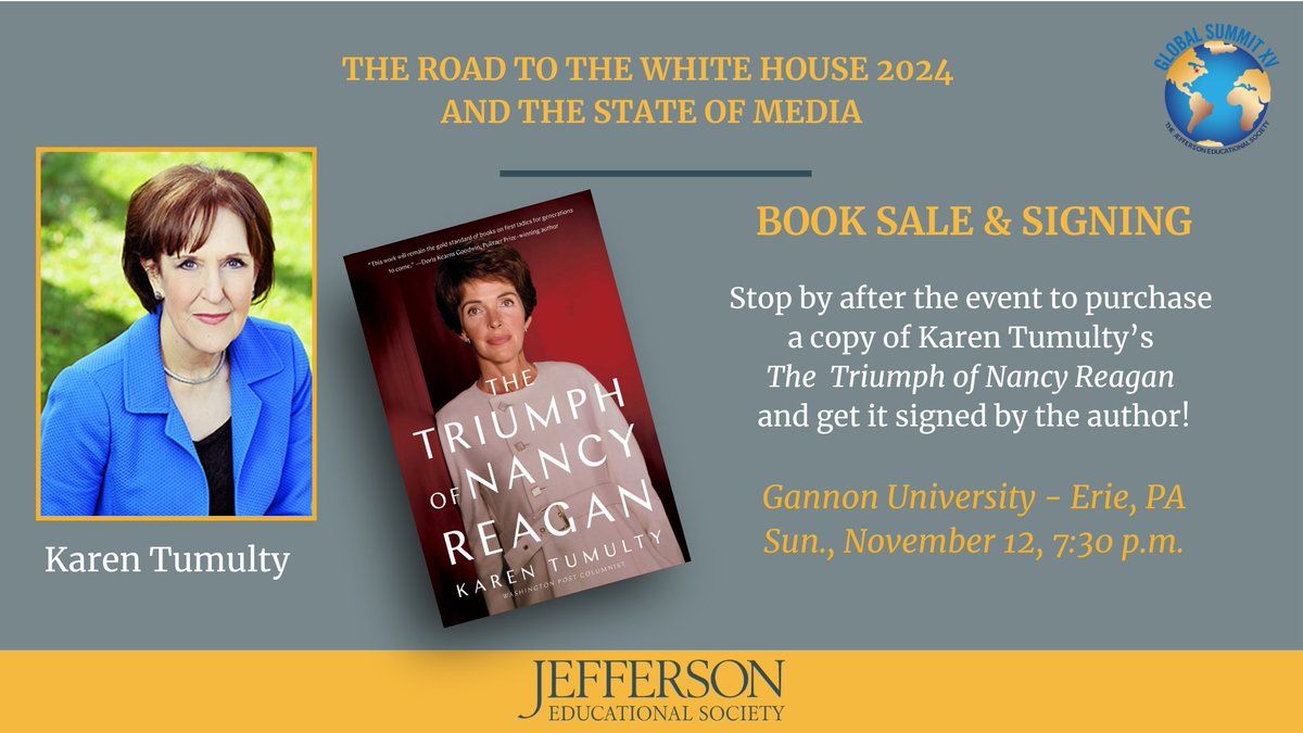 BOOK SALE: Karen Tumulty will be signing copies of her book 'The Triumph of Nancy Reagan' after the event this week on Sunday, November 12th at 7:30pm. Click the link below for more information and tickets! jeserie.org/global-summit-…
