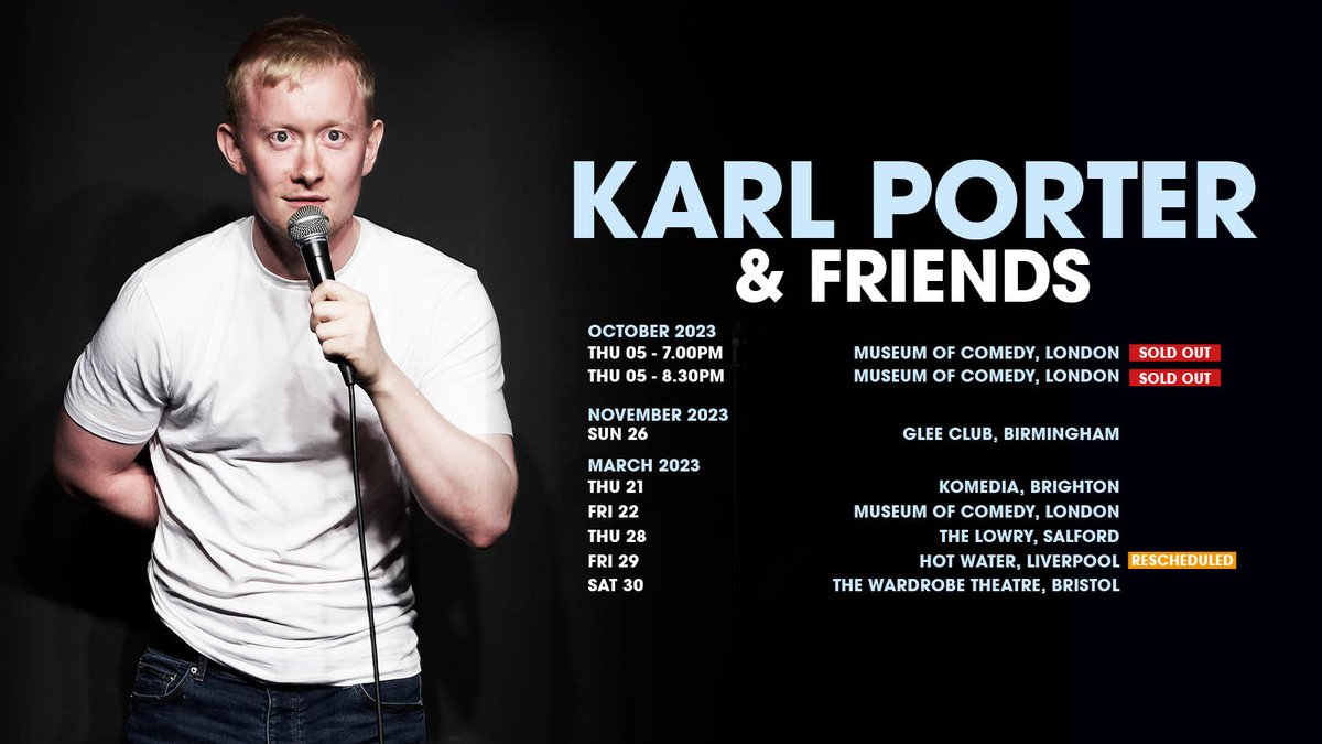 LiveNationUK's tweet photo. EXTRA DATE ADDED: Join comedian #KarlPorter & Friends for a night of unforgettable laughs in Salford, Bristol, London & Brighton next year ๐
Snap up tickets this Friday at 10am ๐ https://t.co/PUq2clUo6C https://t.co/2T6Et3SkTY