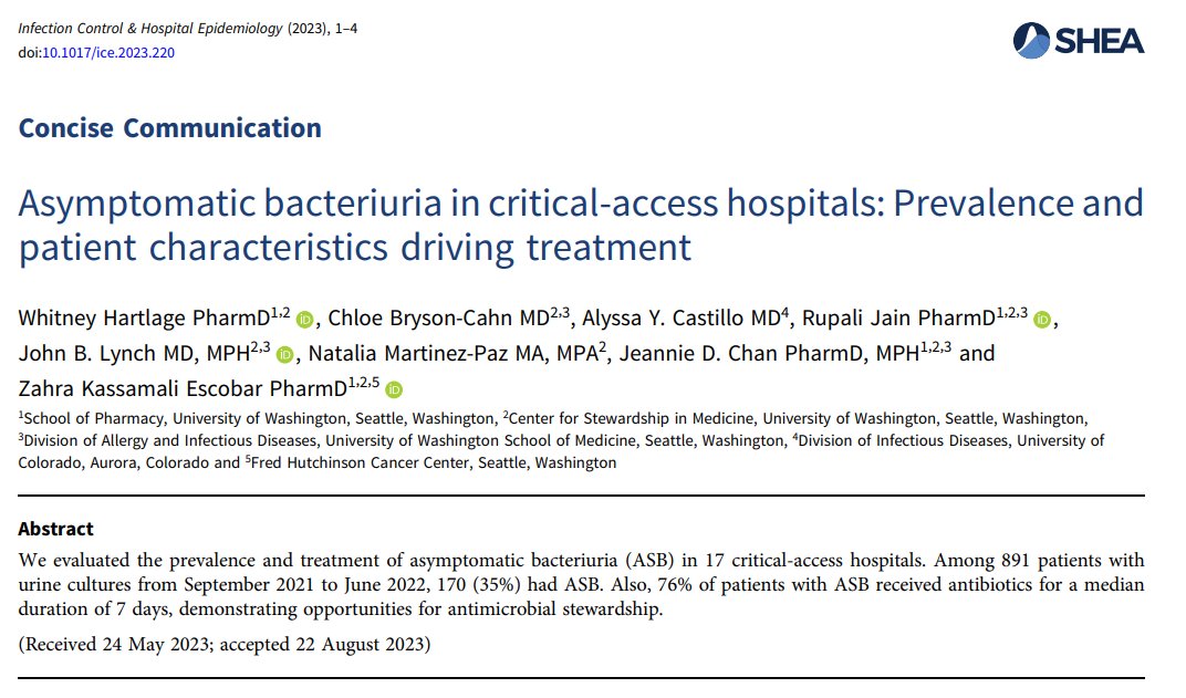 New from <a href="/whithartlage11/">Whitney Hartlage</a> et al at <a href="/UWTASP/">UW Center for Stewardship in Medicine (CSiM)</a>:

Authors found that inappropriate treatment of asymptomatic bacteriuria is common in critical-access hospitals and highlight areas to focus stewardship initiatives in these settings

📄: doi.org/10.1017/ice.20…