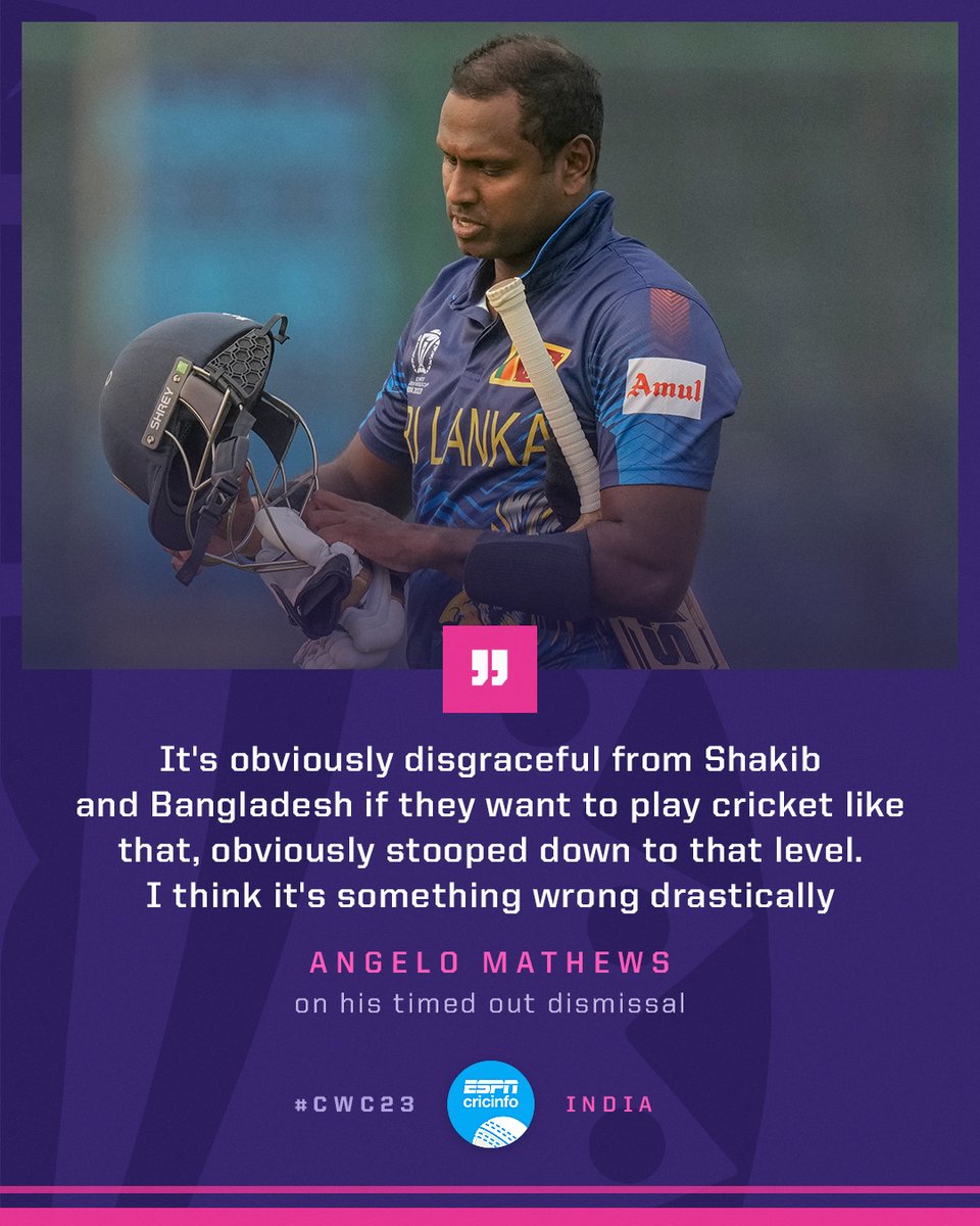 cricinfo's tweet photo. "Disgraceful from Shakib and Bangladesh" - Angelo Mathews on the timed out dismissal 👀 #BANvSL #CWC23 https://t.co/gNyLPNIwlY
