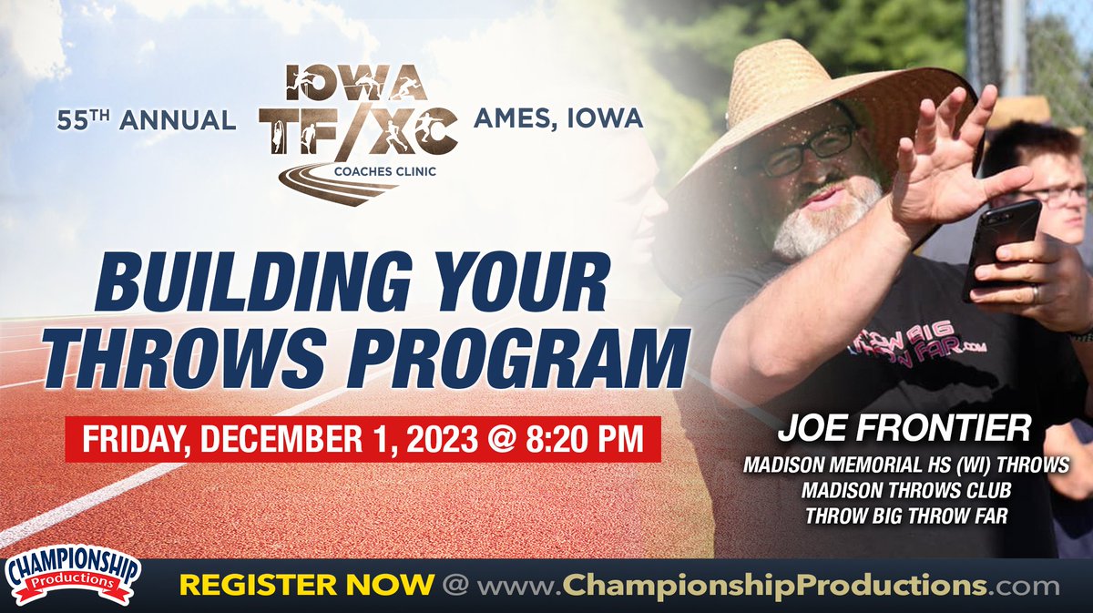 IowaTrackClinic's tweet photo. 🔥@ 8:20pm on Dec. 1st, @JosephFrontier
from @MTCthrowers is speaking on 'Building Your Throws Program'
⏰Register by 11/12/23 (this Sunday!) to get early🐦rates‼️
https://t.co/PYQ5OYHR2m
#learnfromthebest #trackclinic #throws #discus #throwscoach #throwbigthrowfar #throwerX https://t.co/fa0McMg6hW