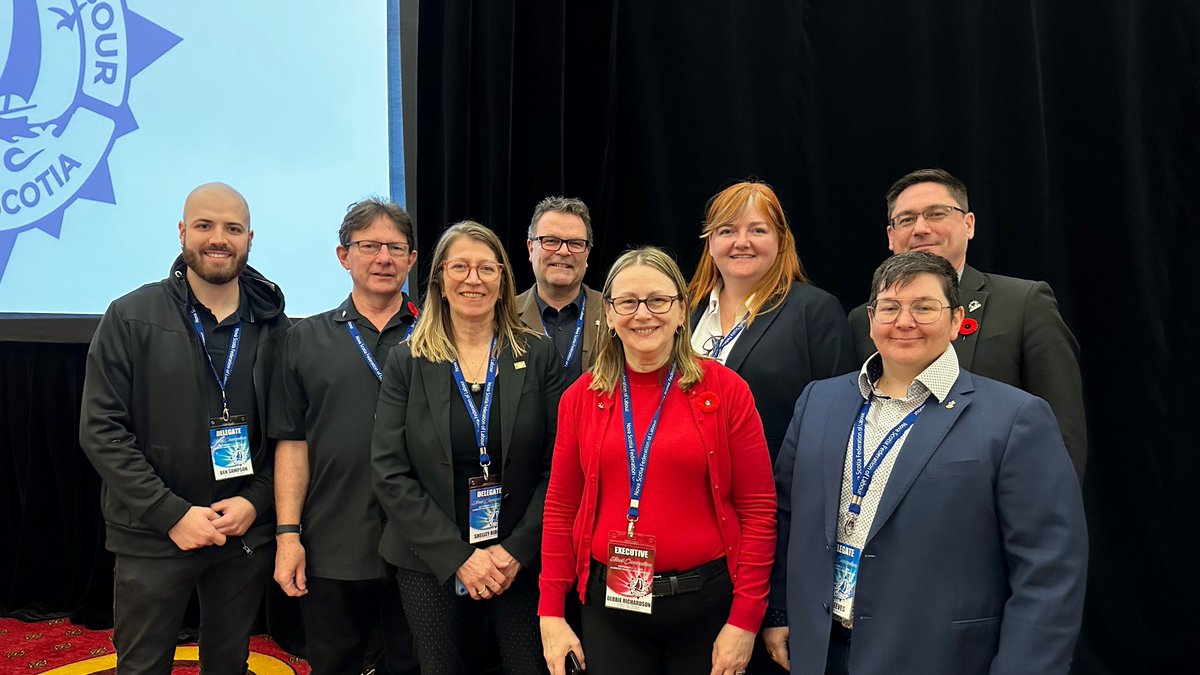 IATSECANADA's tweet photo. #Congrats to @IATSEDebbie Richardson, acclaimed at @NS_Labour Convention as Gen VP! L 2 R: Ben Sampson &amp; Colin Richardson (680), Shelley Bibby (@iatse849), Roman Neubacher (@IATSELocal667), Debbie Richardson (680), @CLCVPSiobhan, @IATSE Int'l Rep @VergnanoJ &amp; Jenny Reeves (L849). https://t.co/lakZTym0vm