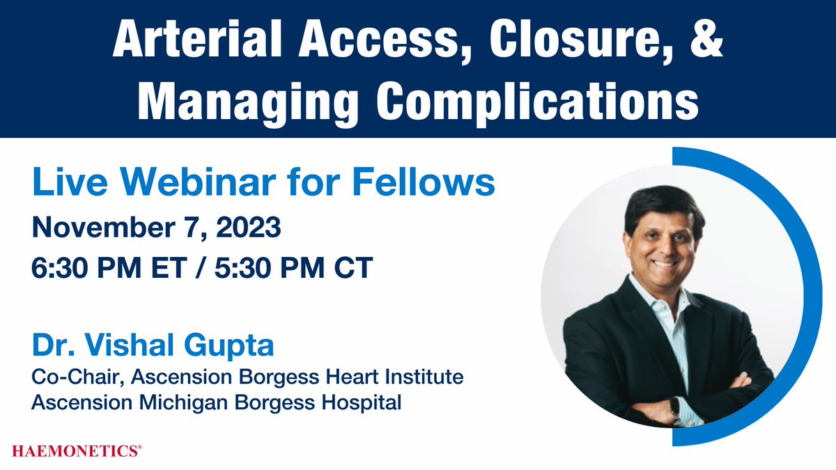 HaemoneticsIT's tweet photo. Happening TOMORROW – join us for a live webinar with Dr. Vishal Gupta where he’ll be discussing preparing for optimal access, anatomy &amp; recognizing landmarks, ultrasound guided access, choosing the right closure device,&amp; managing complications. 
Register: https://t.co/8iiyifYoNk https://t.co/FYyGZYMfbm