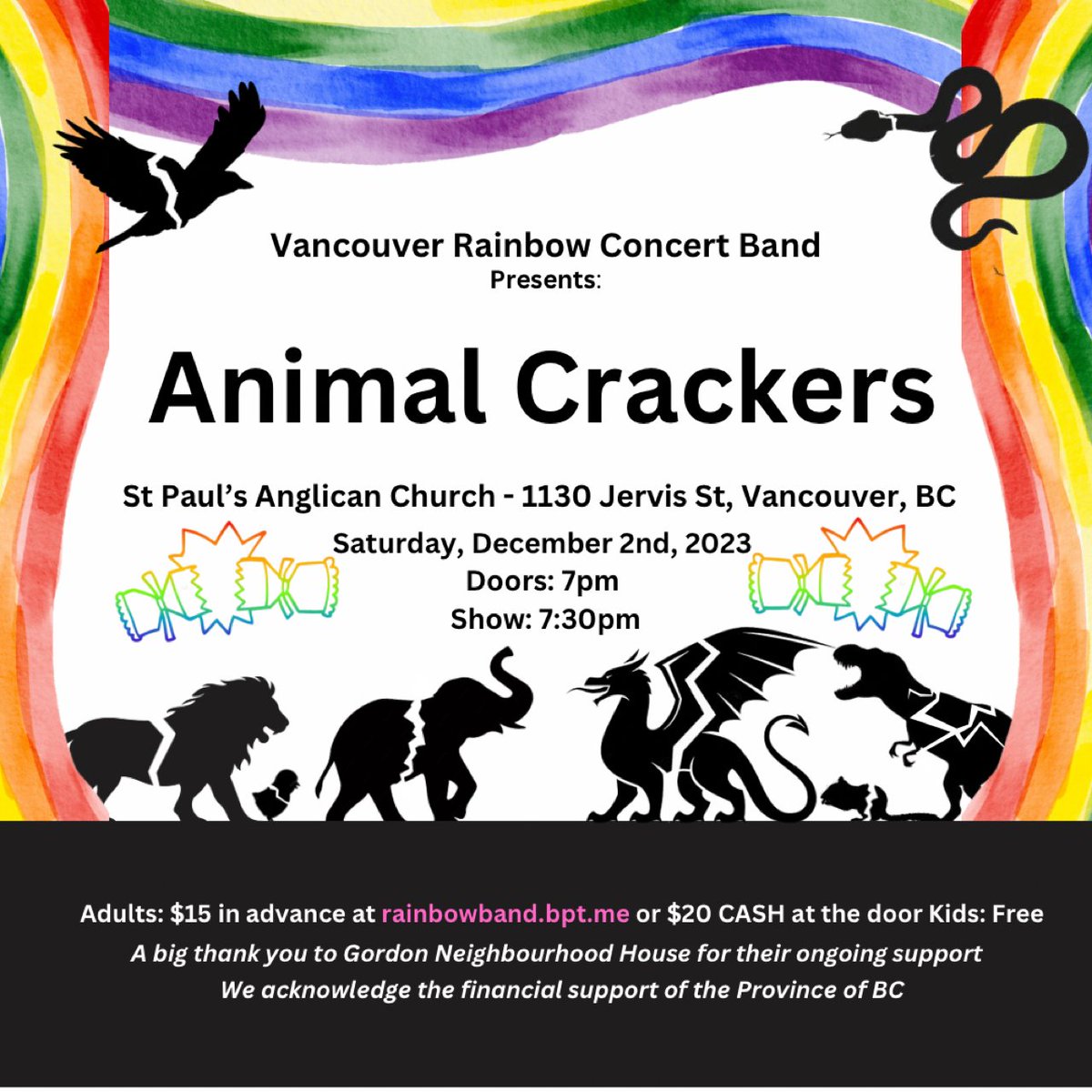 The Rainbow Band Presents: Animal Crackers! Experience merriment and dazzling performances! In her 10th consecutive appearance as the special guest MC and performer, we're thrilled to welcome back the one and only Ms. Whoopsie Daisy!
rainbowband.bpt.me