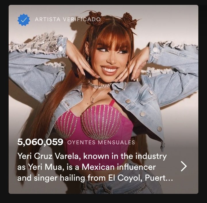 YeriMuaReport's tweet photo. 🚨| Con tan solo 2 canciones estrenadas y en menos 3 meses @yerimua supera los 5 Millones de Oyentes mensuales en Spotify !Felicidades! https://t.co/kWPwxGDBMB
