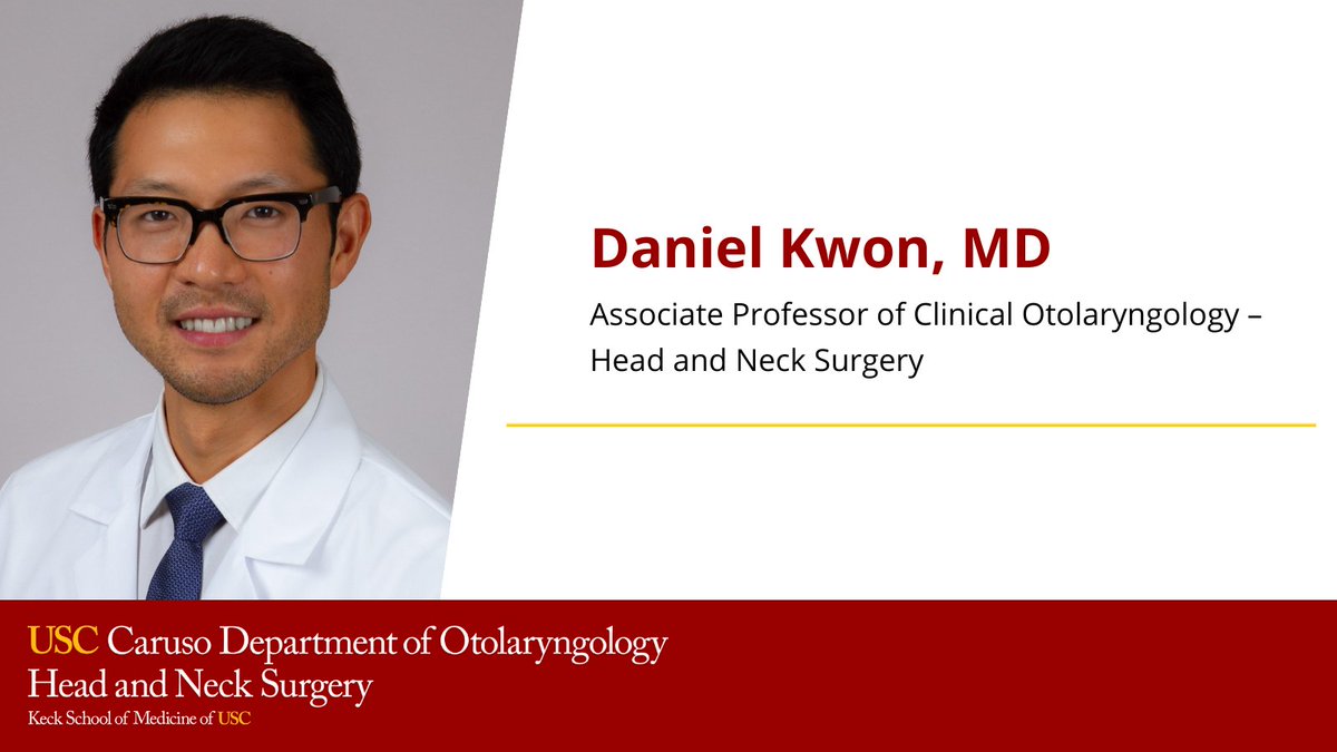 USC Otolaryngology (@uscohns) on Twitter photo We are proud to announce that Dr. Daniel Kwon has been promoted to Associate Professor of Clinical Otolaryngology – Head and Neck Surgery. Please join us in congratulating Dr. Kwon on this well-deserved achievement!
<a href="/KeckMedicineUSC/">Keck Medicine of USC</a>
<a href="/KECKSchool_USC/">Keck School of Medicine of USC</a> We are proud to announce that Dr. Daniel Kwon has been promoted to Associate Professor of Clinical Otolaryngology – Head and Neck Surgery. Please join us in congratulating Dr. Kwon on this well-deserved achievement!
<a href="/KeckMedicineUSC/">Keck Medicine of USC</a>
<a href="/KECKSchool_USC/">Keck School of Medicine of USC</a>