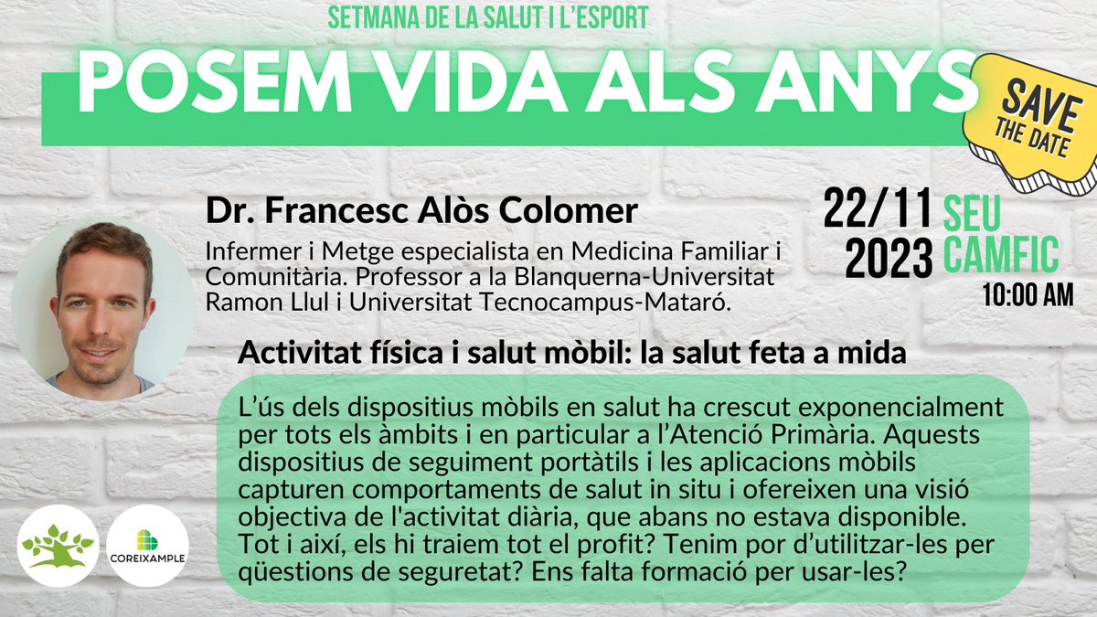 CAMFiC's tweet image. 💚Descobreix com el teu mòbil es converteix en el teu millor aliat a la Setmana de la Salut i l'Esport organitzada per @CorEixample, @CAMFiC i el Dr @francesc_alos 
📍Seu de la CAMFiC
📅22/11/2023
⏰10:00
👉 Xerrada dirigida a gent gran
 Us esperem! #setmanadelasalut #gentgran