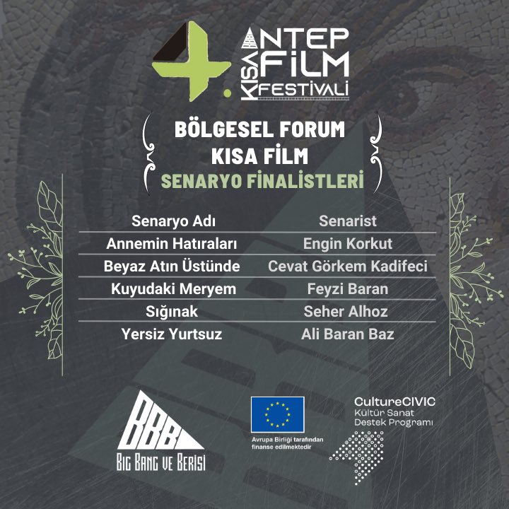 bigbangveberisi's tweet photo. Antep Kısa Film Festivali Bölgesel Forum Senaryo Yarışması finalistleri belli oldu. 📣

#AKFF 🗓 24-26 Kasım 2023 tarihleri arasında Gaziantep Forum Paribu Cineverse sinema salonlarında gerçekleşecek. https://t.co/2Ku3qsEnJ3