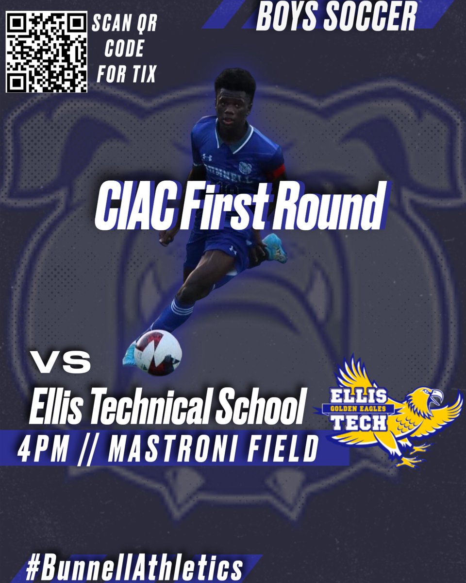 Come support our Boys Varsity Soccer Program as they face-off against the Ellis Tech Golden Eagles in a must-watch CIAC First Round soccer match! #BulldogStrong #BunnellAthletics