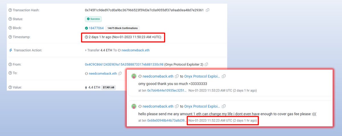 AMLBotHQ's tweet photo. 8/

now ATTENTION

The most shocking thing is that the hacker, in a hurry, transferred $ETH to needcomeback.eth a few minutes before receiving a message from him

@zachxbt
@tayvano_
@SlowMist_Team
@0xFantasy 
@NFTherder https://t.co/BcqxoZt5TE