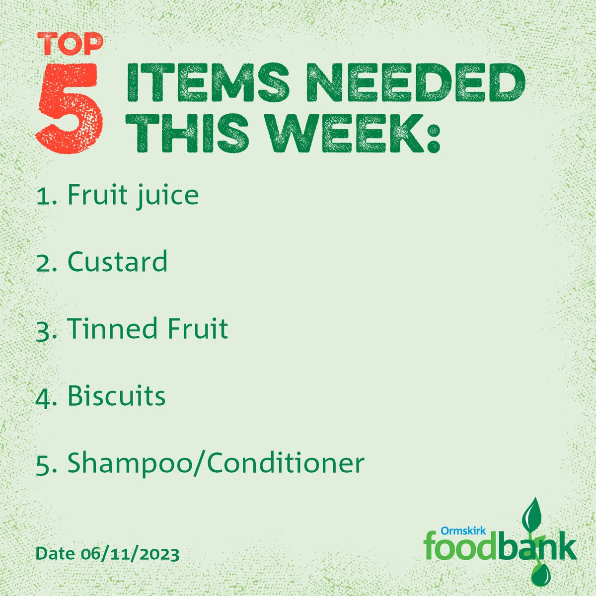 Thinking of donating to <a href="/OrmskirkFB/">Ormskirk Foodbank</a>? These are five items where we're running low on stock.