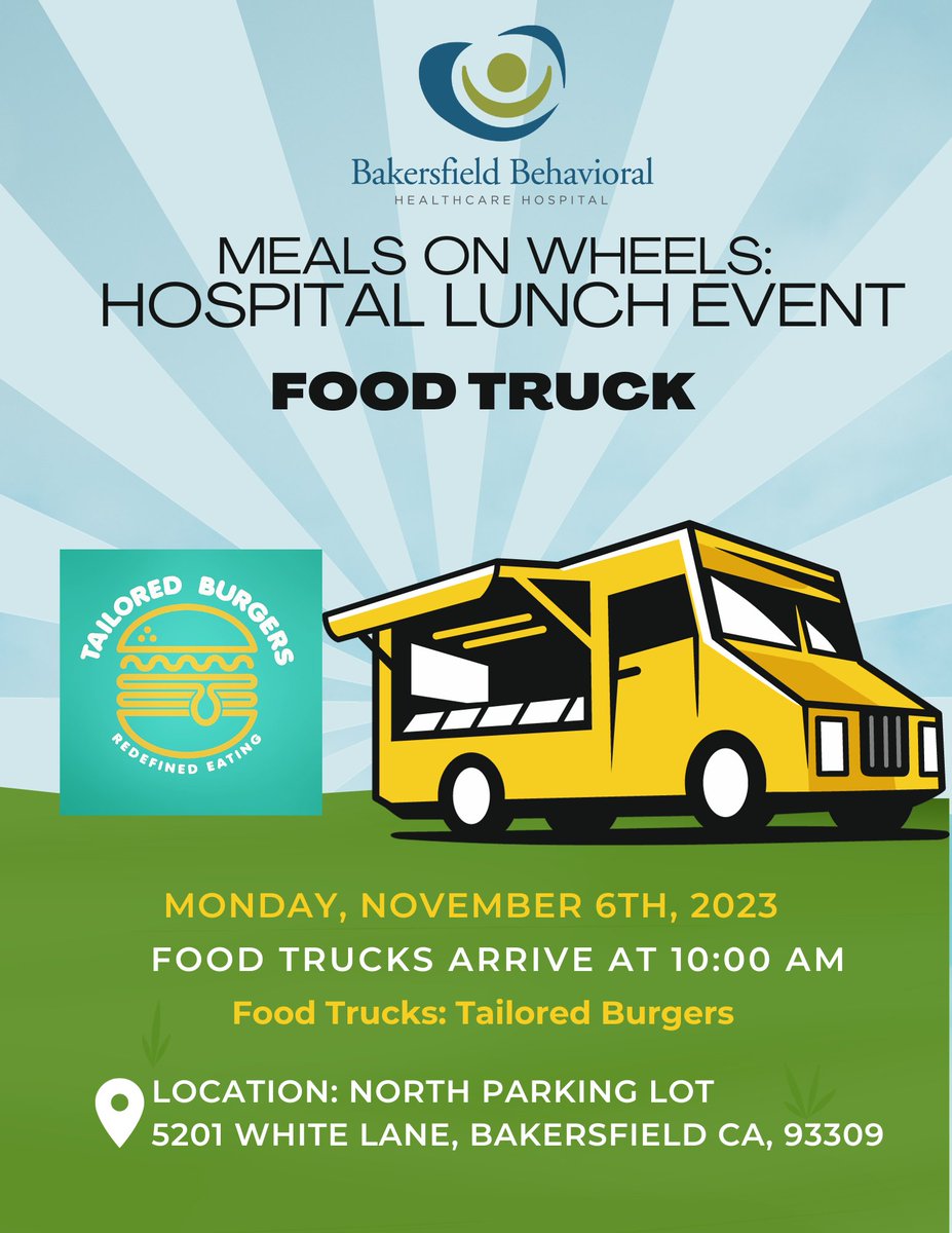 🍔 Join us for an unforgettable culinary adventure right at the Bakersfield Behavioral Healthcare Hospital North parking lot! We're thrilled to host Tailored Burgers, where you can savor the bold flavors of Indian-infused style burgers and a variety of mouthwatering dishes.