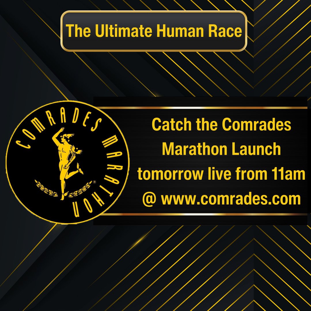 Get ready for the launch of the #Comrades2024 tomorrow at 11am. Catch all the exciting news about the 2024 Comrades Marathon race live at comrades.com and Facebook. 

#ComradesLaunch #TheUltimateHumanRace