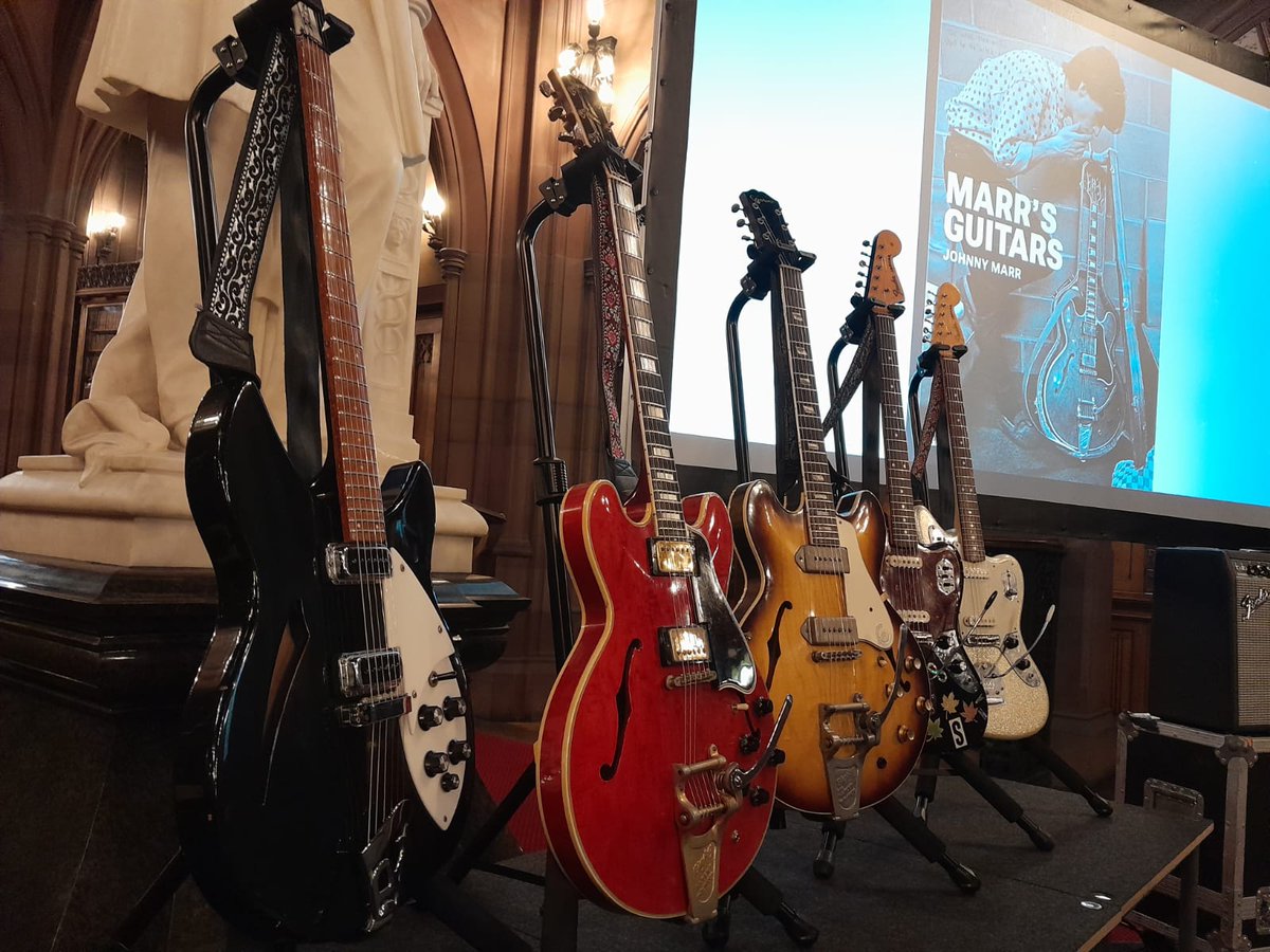 Marr's Guitars are ready, just waiting for the man himself. Johnny Marr, in conversation at John Rylands Library tonight. SOLD OUT! @Johnny_Marr @thamesandhudson @TheJohnRylands #waterstonesdeansgate