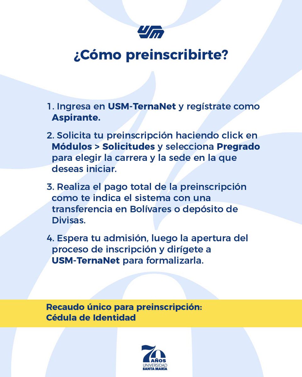 usm_vzla's tweet photo. ¡Ya están abiertas las preinscripciones para pregrado en todas nuestras sedes a nivel nacional!
Desliza este post y conoce toda la información para convertirte en #usemista
#Preinscripciones #PreinscripcionesUSM #Carreras #Usemistas #Universidad #UniversidadSantaMaria https://t.co/kwKquWTaoU