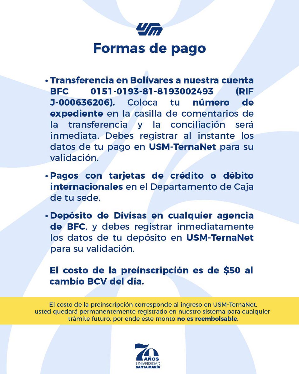 usm_vzla's tweet photo. ¡Ya están abiertas las preinscripciones para pregrado en todas nuestras sedes a nivel nacional!
Desliza este post y conoce toda la información para convertirte en #usemista
#Preinscripciones #PreinscripcionesUSM #Carreras #Usemistas #Universidad #UniversidadSantaMaria https://t.co/kwKquWTaoU