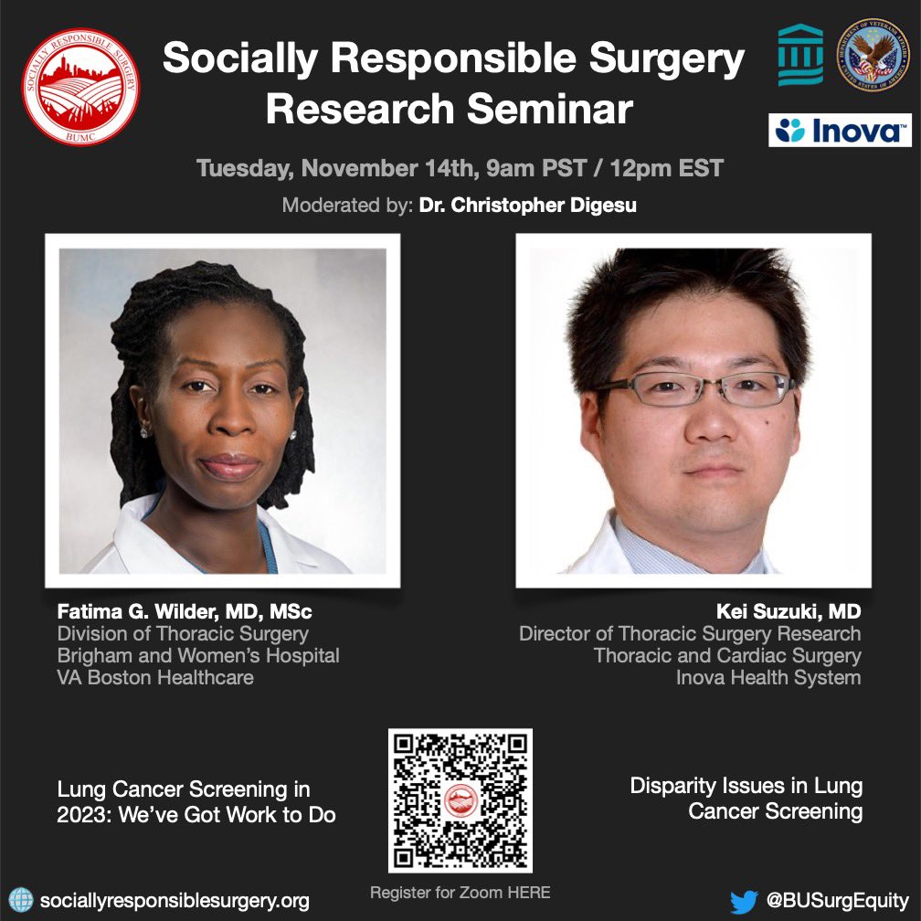 Delighted to announce Dr. @FWilder9 and Dr. Kei Suzuki will be speaking on disparities in lung cancer screening for our next seminar on Tuesday Nov 14! With moderation from @DigesuMD 🩻 Register here: tinyurl.com/SRSresearch231…