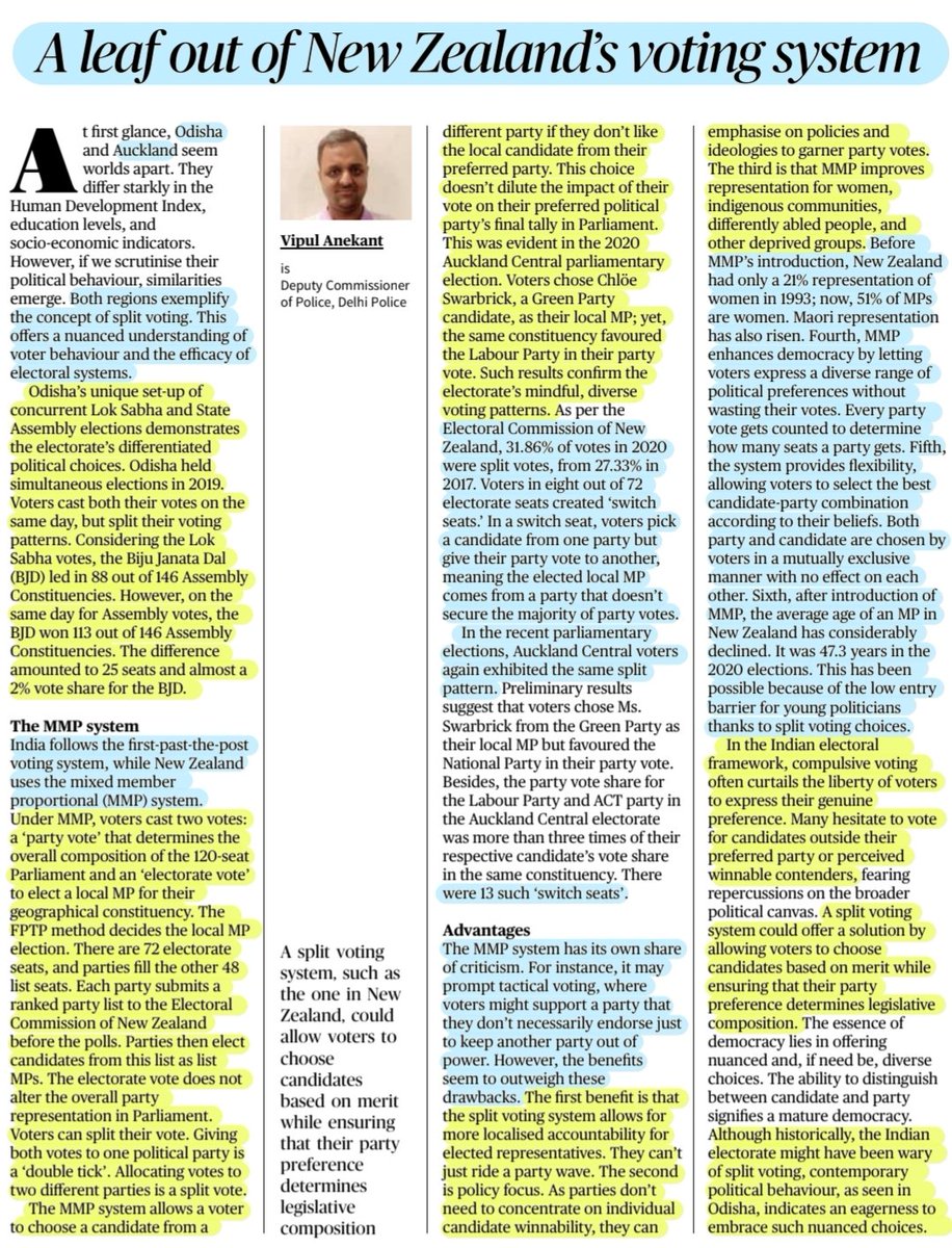 imRavikantYadav's tweet photo. 'A leaf out of New Zealand's Voting System'
: An Insightful article by Vipul Anekant Sir
Details:Voting System in #India & #NewZealand , process,difference,benefits of #MixedMemberProportional System & More..
#FPTP #MMP
#SplitVoting #SwitchSeats
#Elections
#UPSC
Source:TH https://t.co/ERfVqnyRYz
