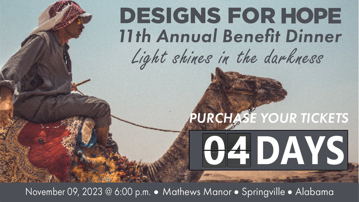 4 days till the 11th Annual Benefit Dinner! We would love to have you join us!  Get your tickets below! Please join us!

designsforhope.org/2023-benefit-d…