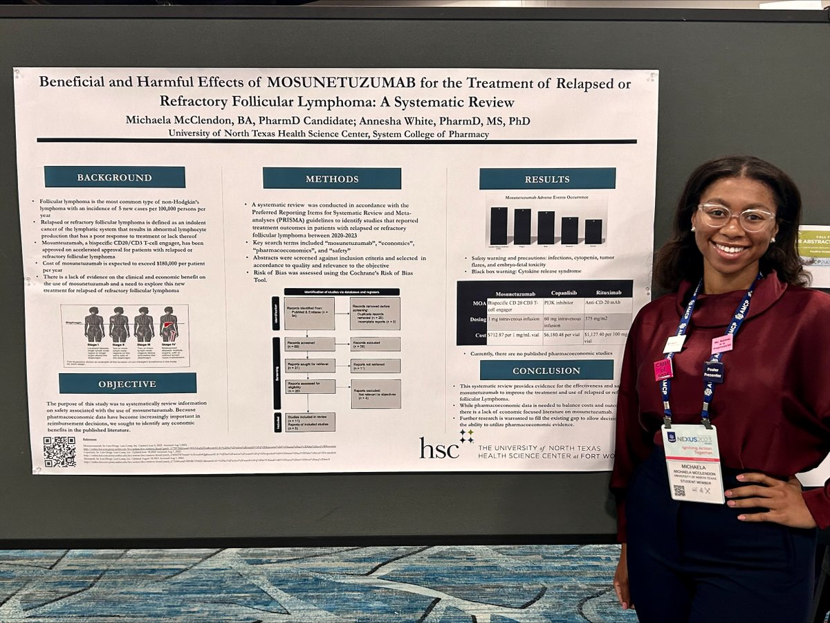UNTHealth_Pharm's tweet photo. Many accolades to celebrate from the #AMCPNexus 2023 annual conference in Orlando last month. Congratulations to our students on their poster presentations and scholarships! Dr. Annesha White also presented as part of the general session as AMCP Foundation President. #HSCproud 👏 https://t.co/AFtejp1WGP