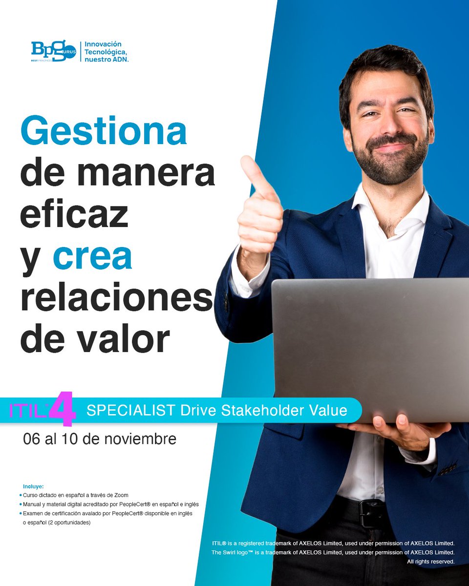 BPGurus's tweet photo. Aprende a desarrollar una estrategia digital interorganizacional de la mano de nuestros expertos en este curso, ¡reserva tu lugar ahora!
➡ 56 2157 4674 o info@bpgurus.com #ITSM #ITIL #ITIL4 #ITIL4Certification #TI #ITIL4Leader #ITIL4Strategist https://t.co/xNzHTY0rRz
