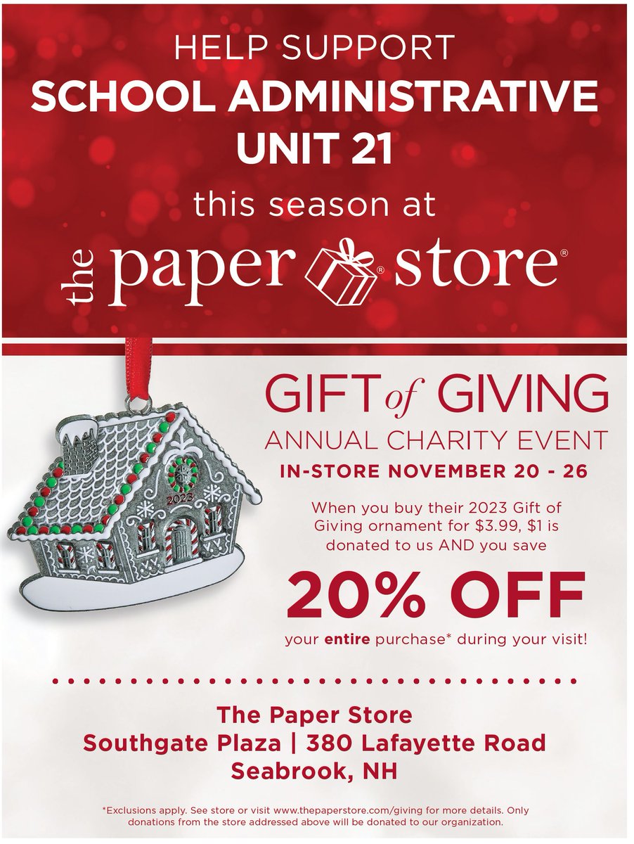 The <a href="/SAU21/">saul mejia ortiz</a> schools are fortunate to be selected as recipient of The Paper Store's annual Gift of Giving charity event! For every purchase of "Gift of Giving Ornament" at Seabrook Southgate Plaza location November 20-26, we receive $1. Shoppers get 20% off entire purchase.