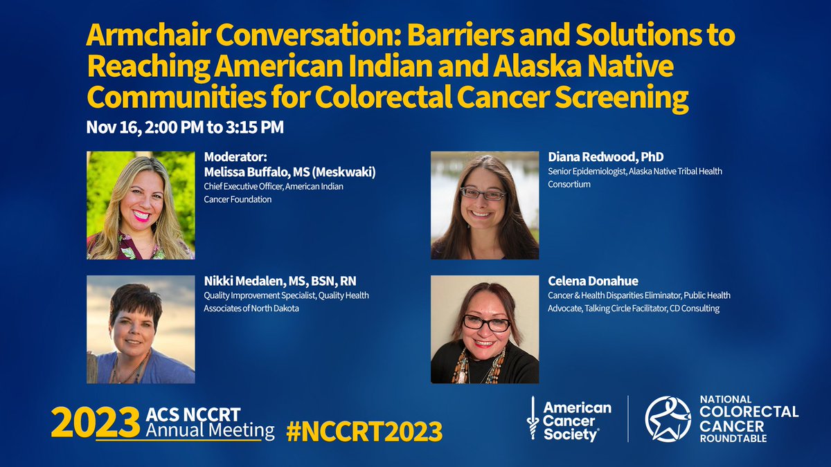 NCCRTnews's tweet photo. This #NativeAmericanHeritageMonth, we will place a focus on addressing persistent disparities in #colorectalcancer incidence and mortality in #AIAN communities at #NCCRT2023. We'll hear from nationally-lauded experts about barriers and solutions to reaching these communities. https://t.co/XOZLg4fTXp