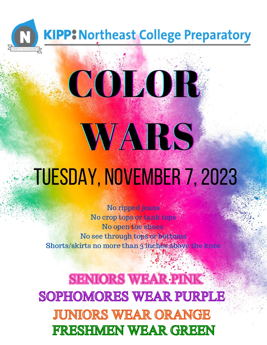 We are bringing back Color Wars tomorrow! The grade level with the most students to dress out will earn popsicles at the end of the day! #beGREATtogether
