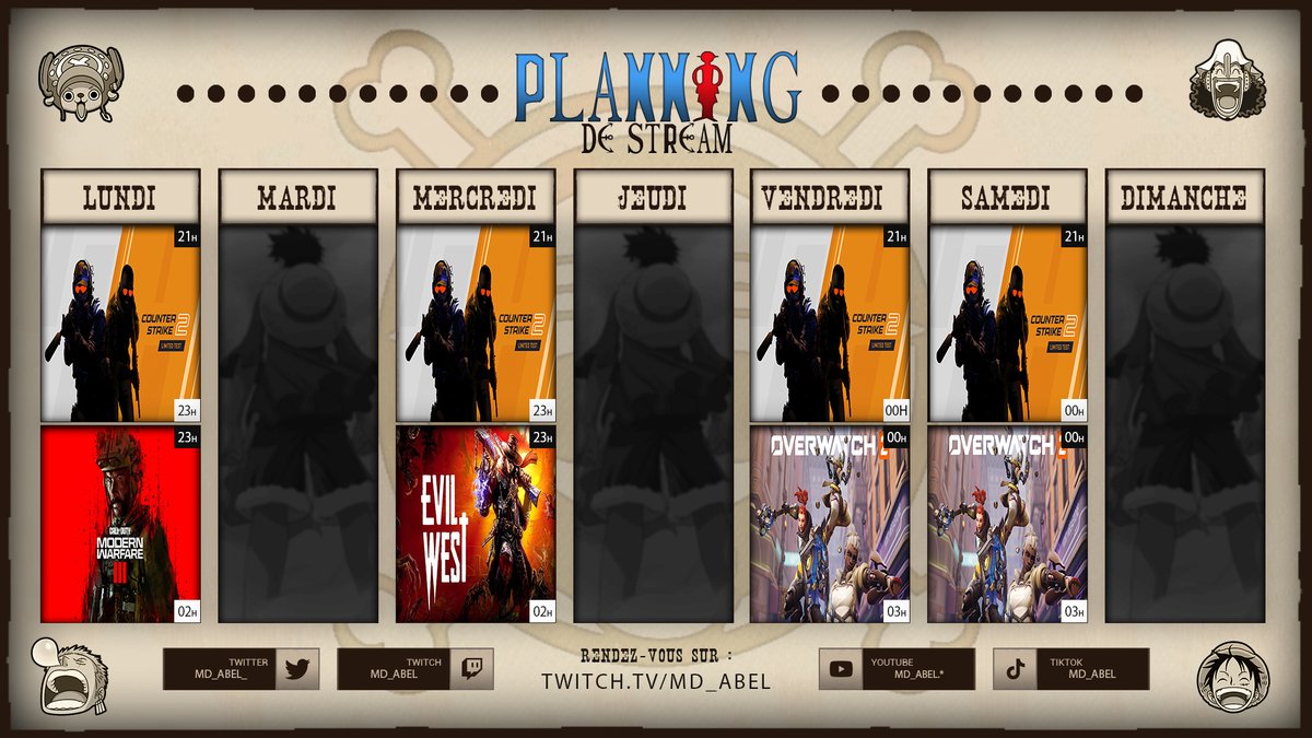 MD_abeL_'s tweet photo. Voici le planning ! On les finira les jeux non fini l'aprem du mardi et jeudi et vendredi,samedi il peut y avoir des changement dans le programme suivez mes réseaux pour tous savoir ! Merci l'équipage   a bientôt en live sur twitch   ! https://t.co/iHGT96KBVO
